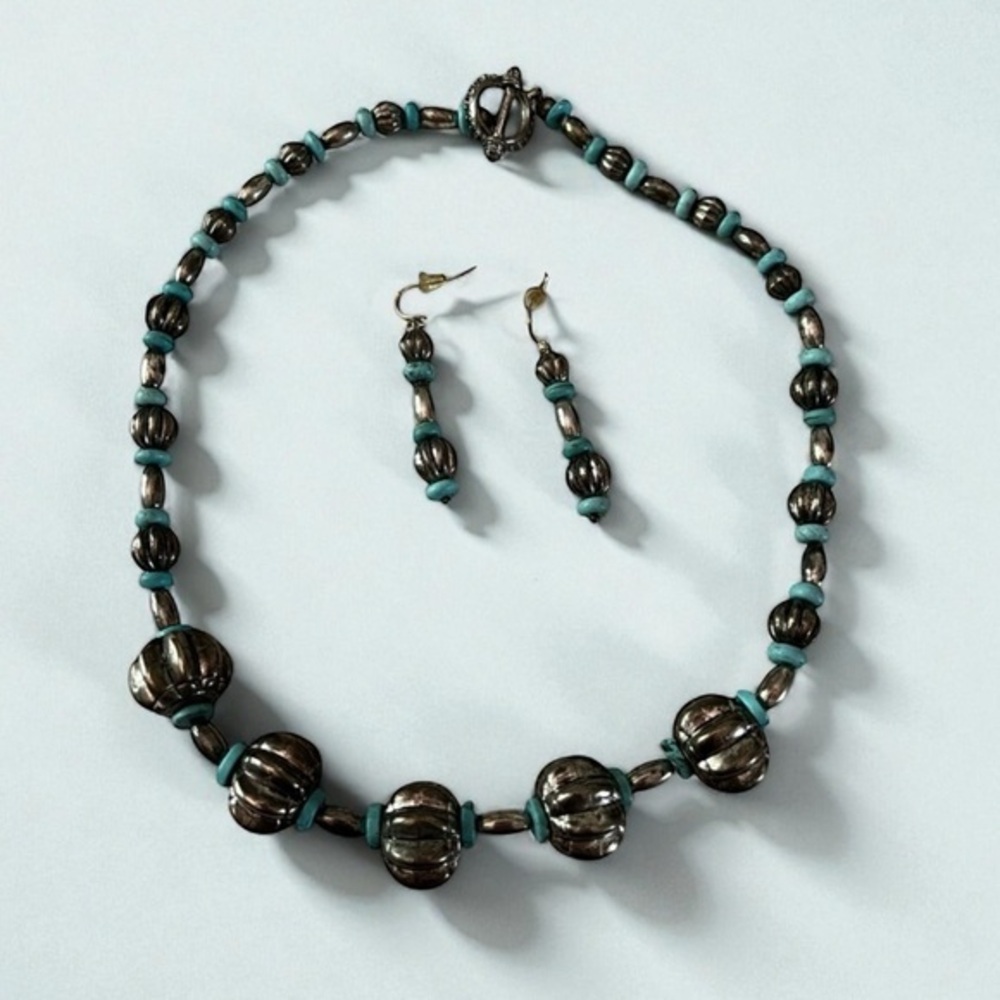 Silver and Turquoise Beaded Necklace and Earring Set vintage